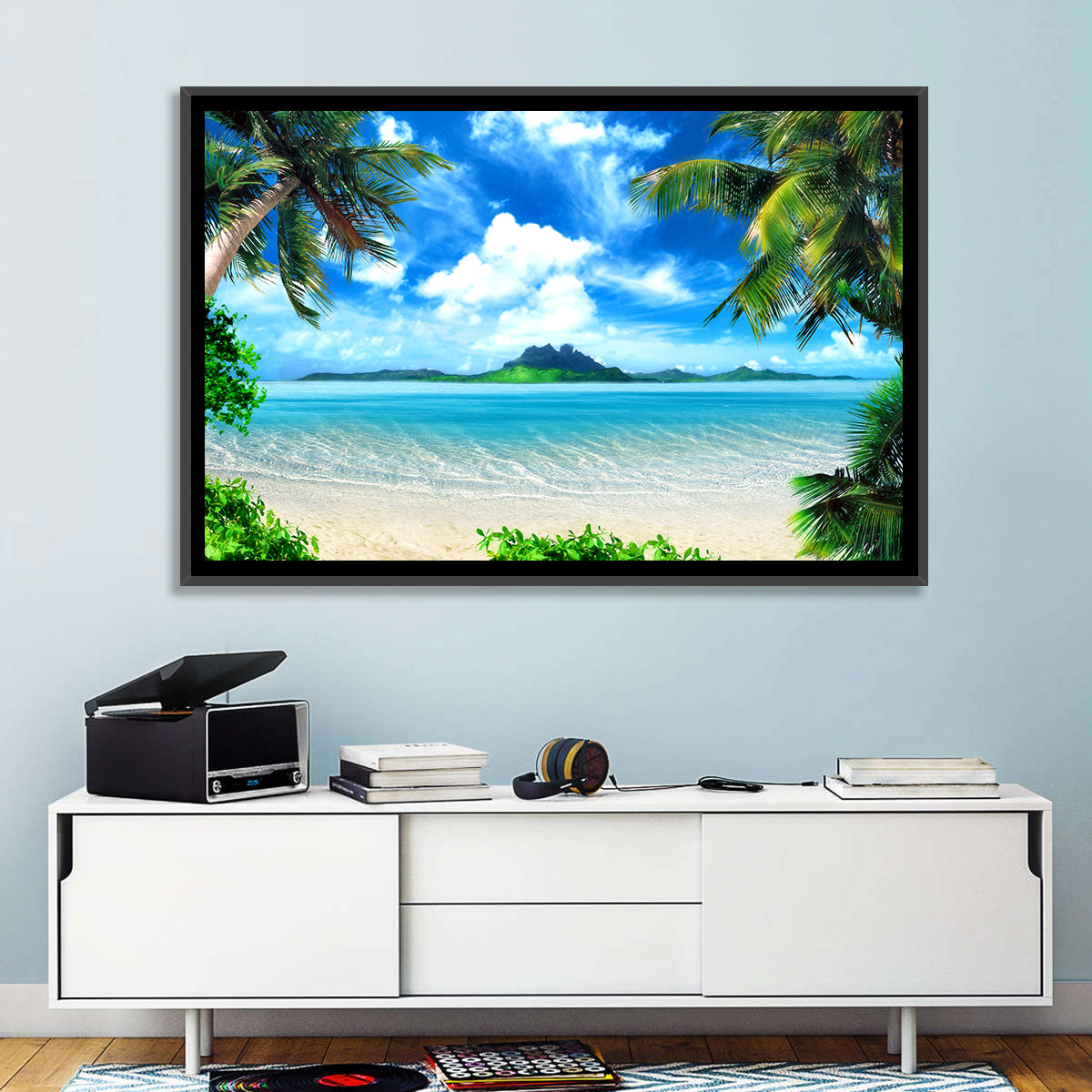Palm-framed Tropical Island Beach Wall Art in a room, landscape