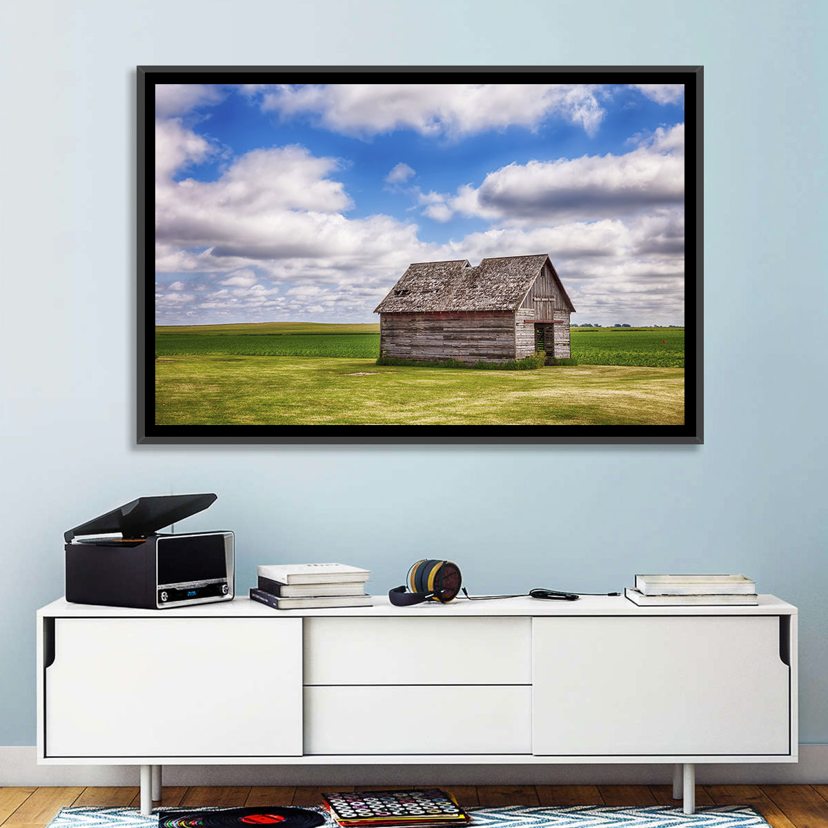 Old Farm Shed in Field Wall Art in a room, landscape