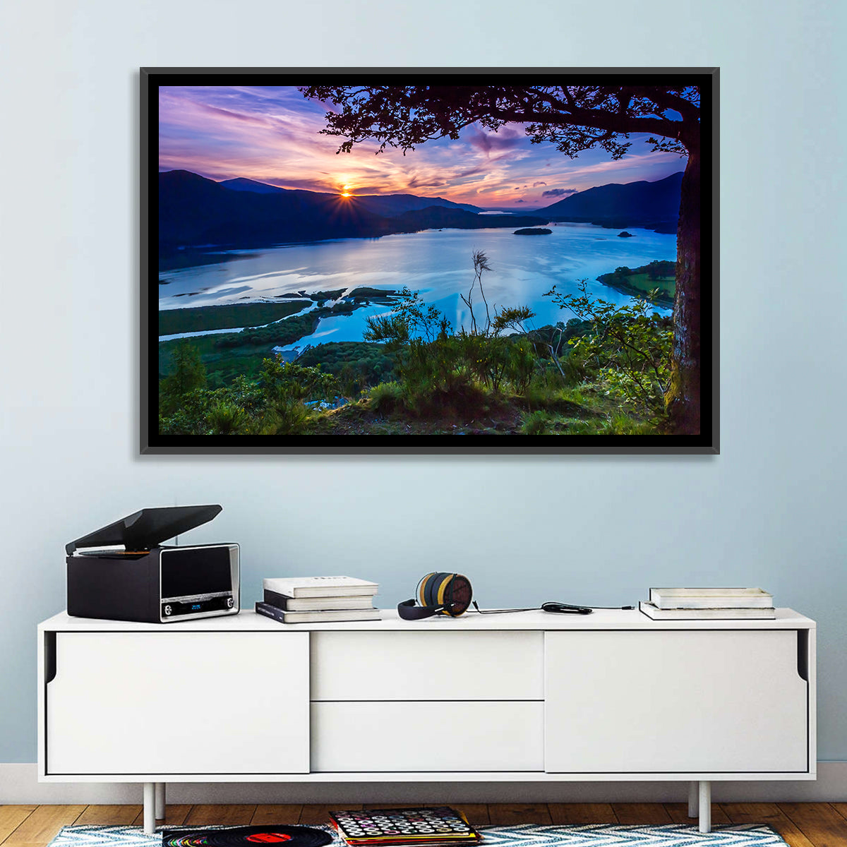 Bassenthwaite Lake Sunset Wall Art in a room, landscape