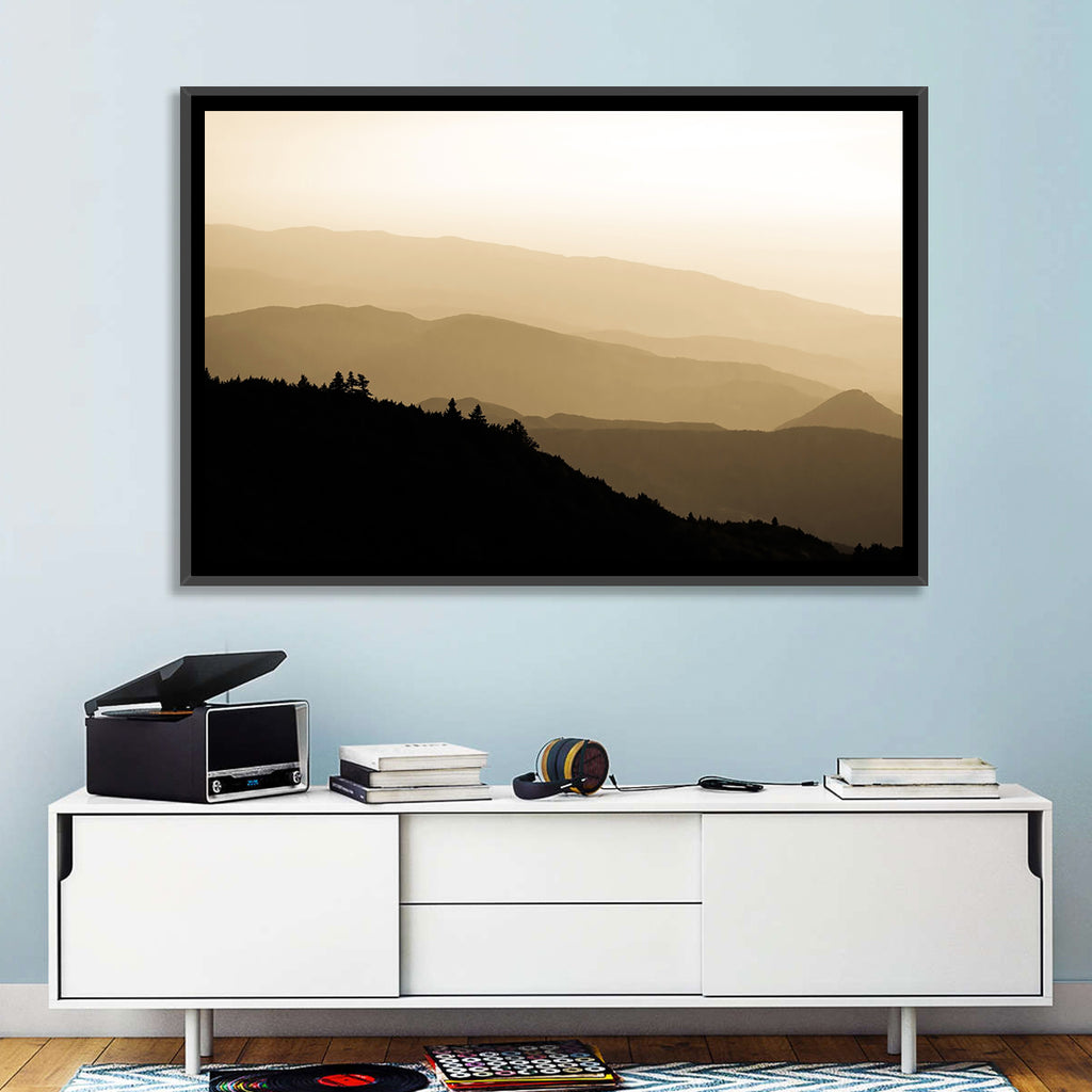 Foggy Mountain Sunset with Evergreen Silhouettes Wall Art