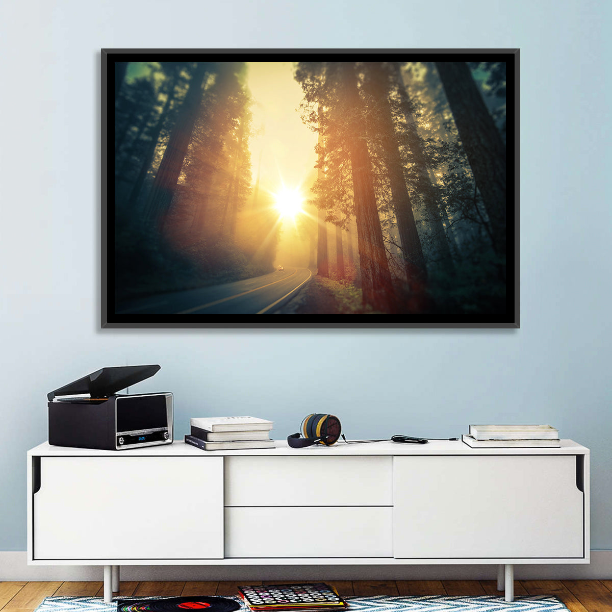 Misty Redwood Road with Golden Sunburst Wall Art in a room, landscape