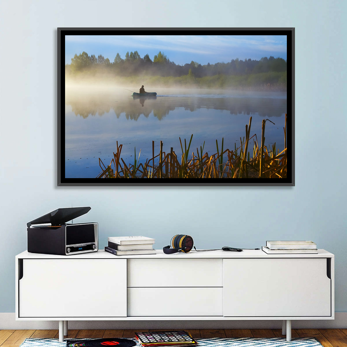 Misty Lake Fisherman Wall Art in a room, landscape