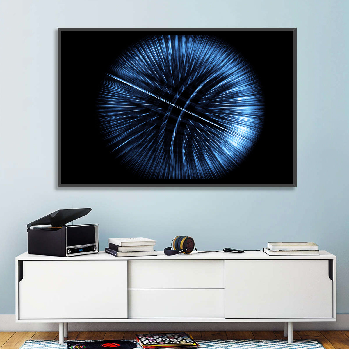 Glowing Blue Textured Sphere Wall Art in a room, landscape