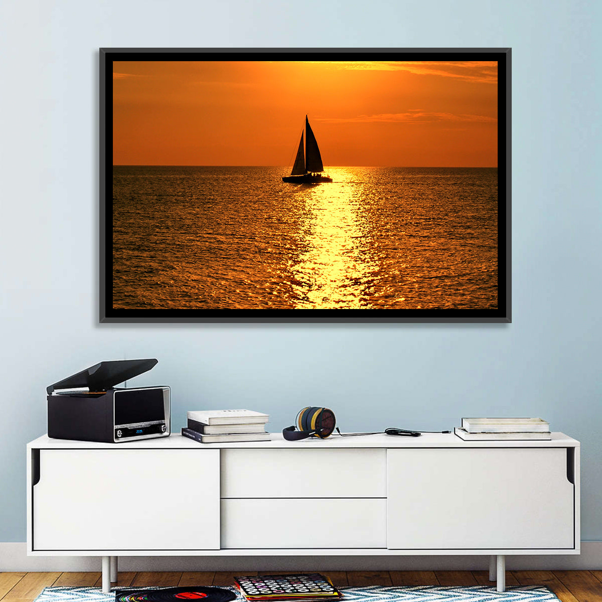 Sailboat Silhouette at Golden Sunset Wall Art