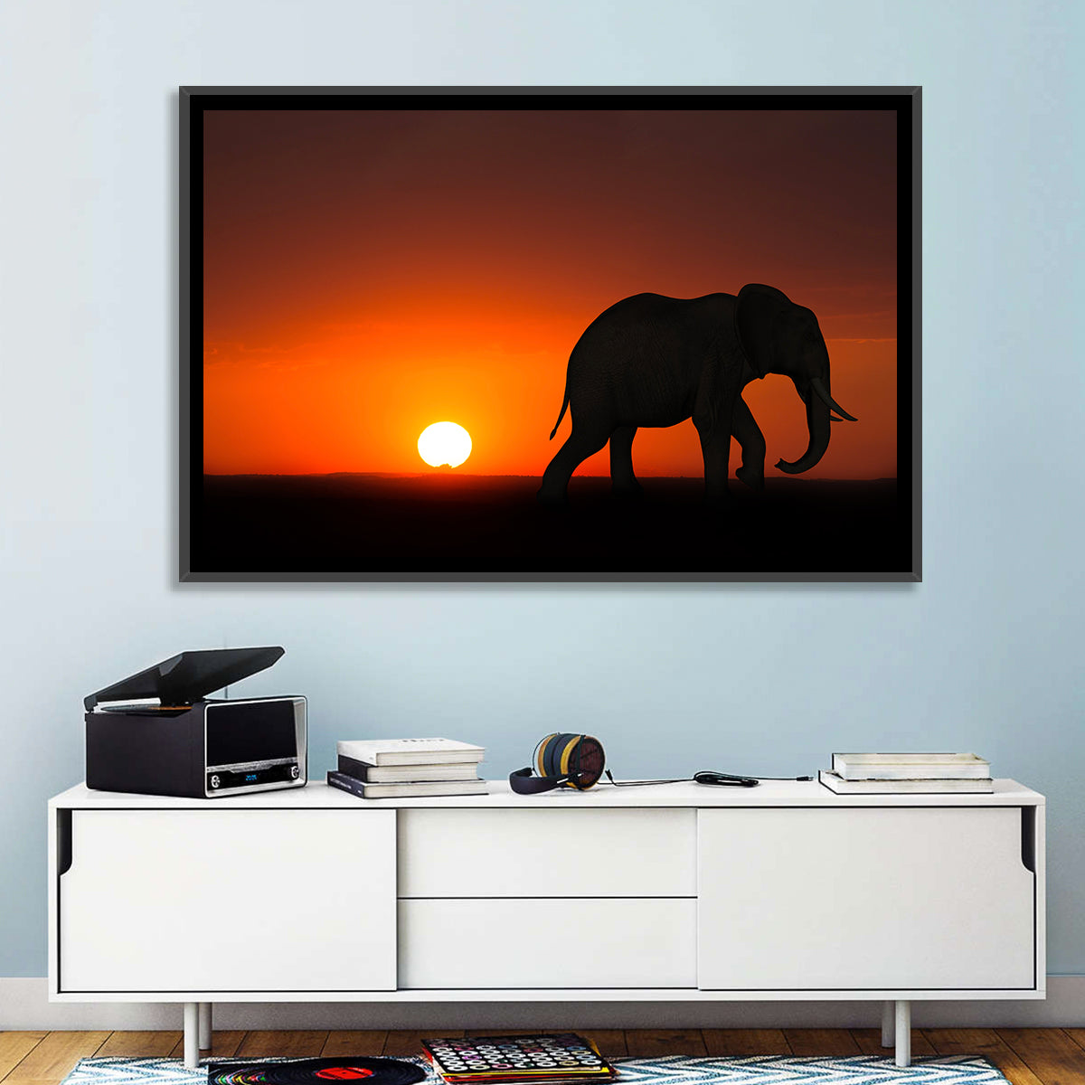 Sunset Elephant Silhouette Wall Art in a room, landscape