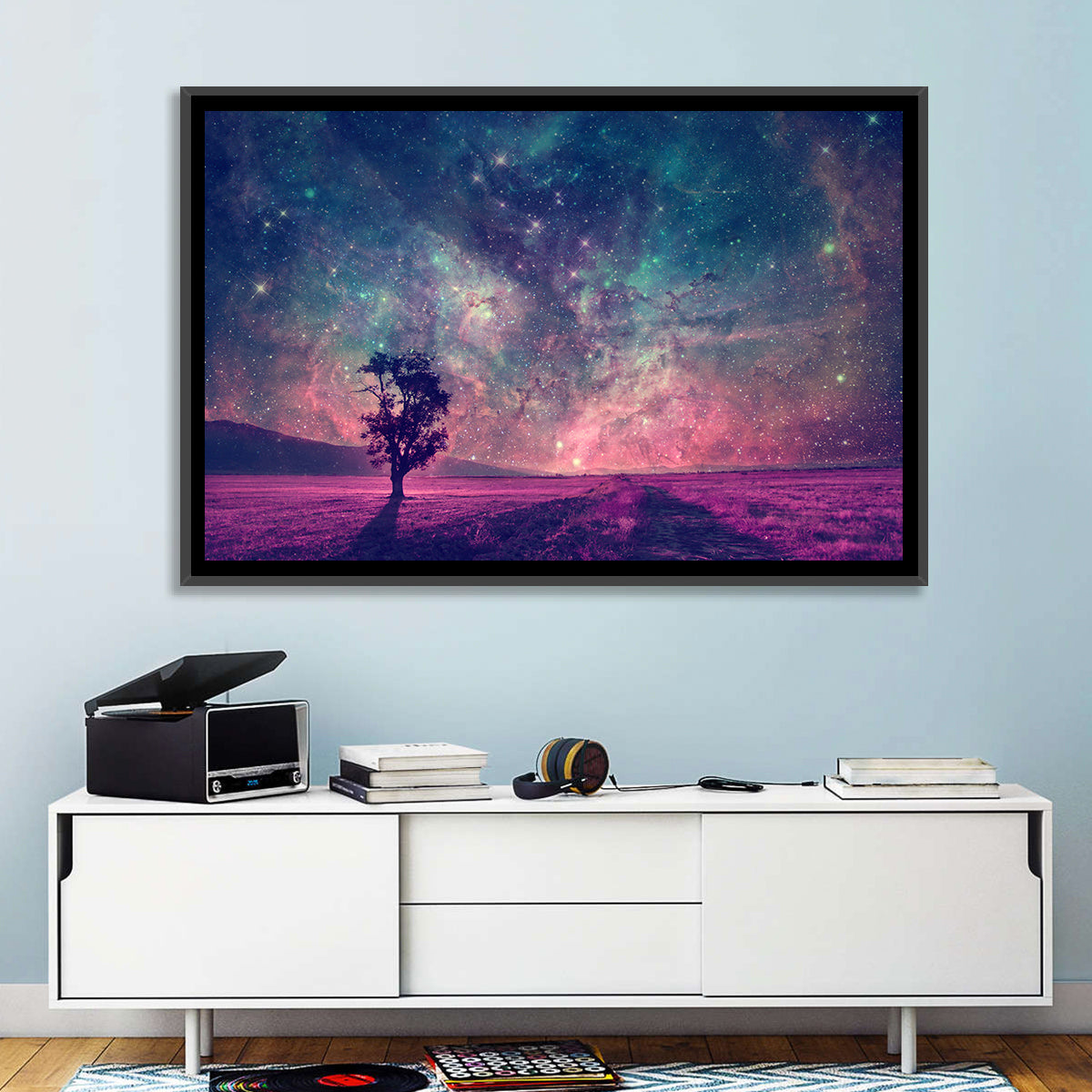 Lone Tree Under Nebula Sky Wall Art in a room, landscape