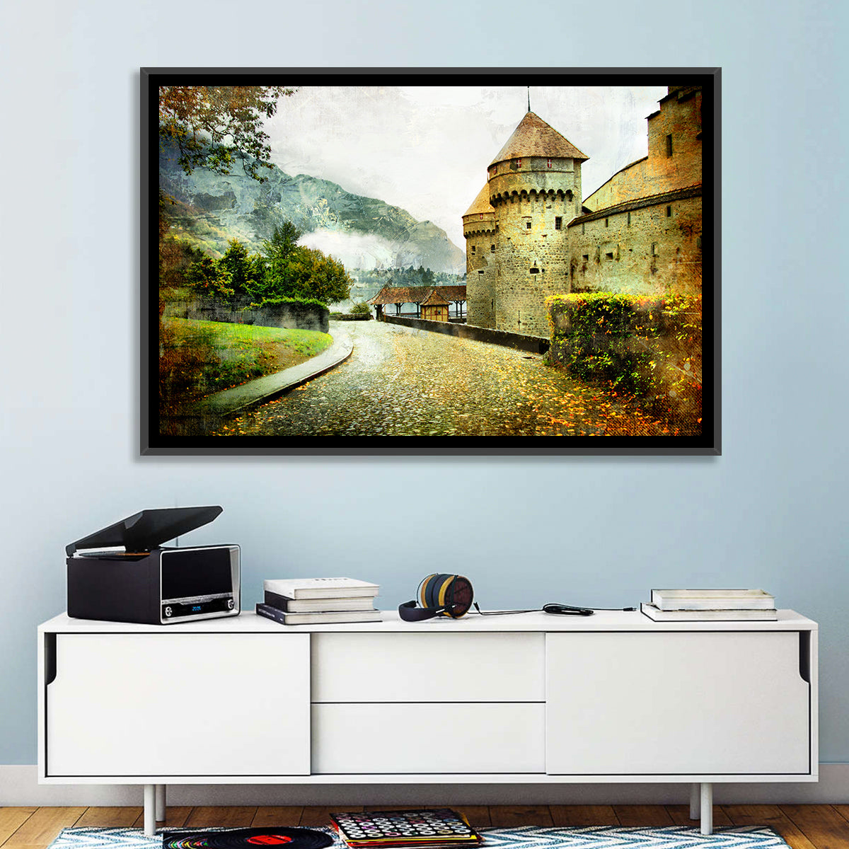 Autumn Approach to Chillon Castle Wall Art in a room, landscape