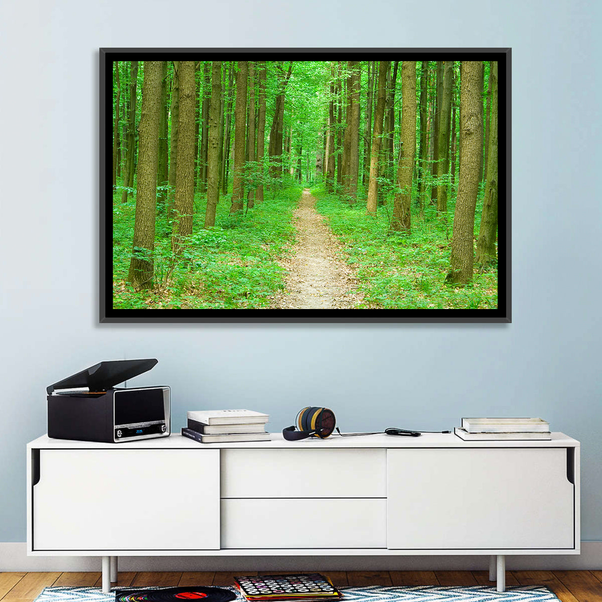 Green Forest Pathway Wall Art in a room, landscape