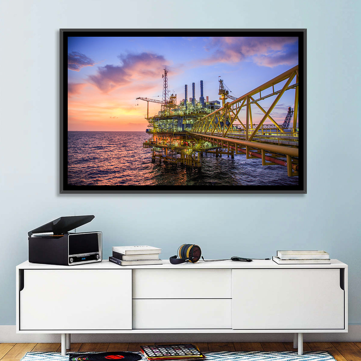 Golden Hour Offshore Oil Rig Wall Art in a room, landscape