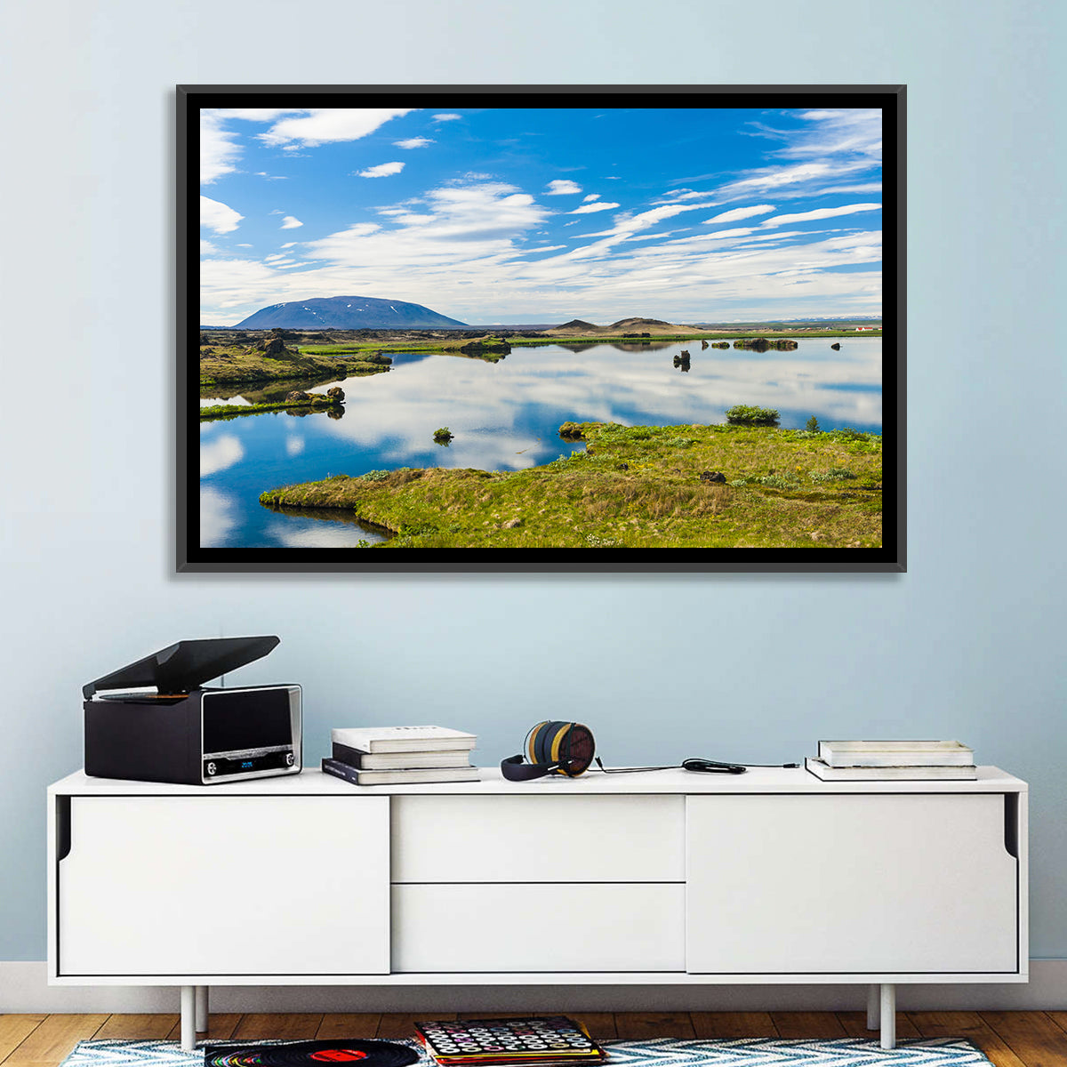 Lake Myvatn Reflection Wall Art in a room, landscape