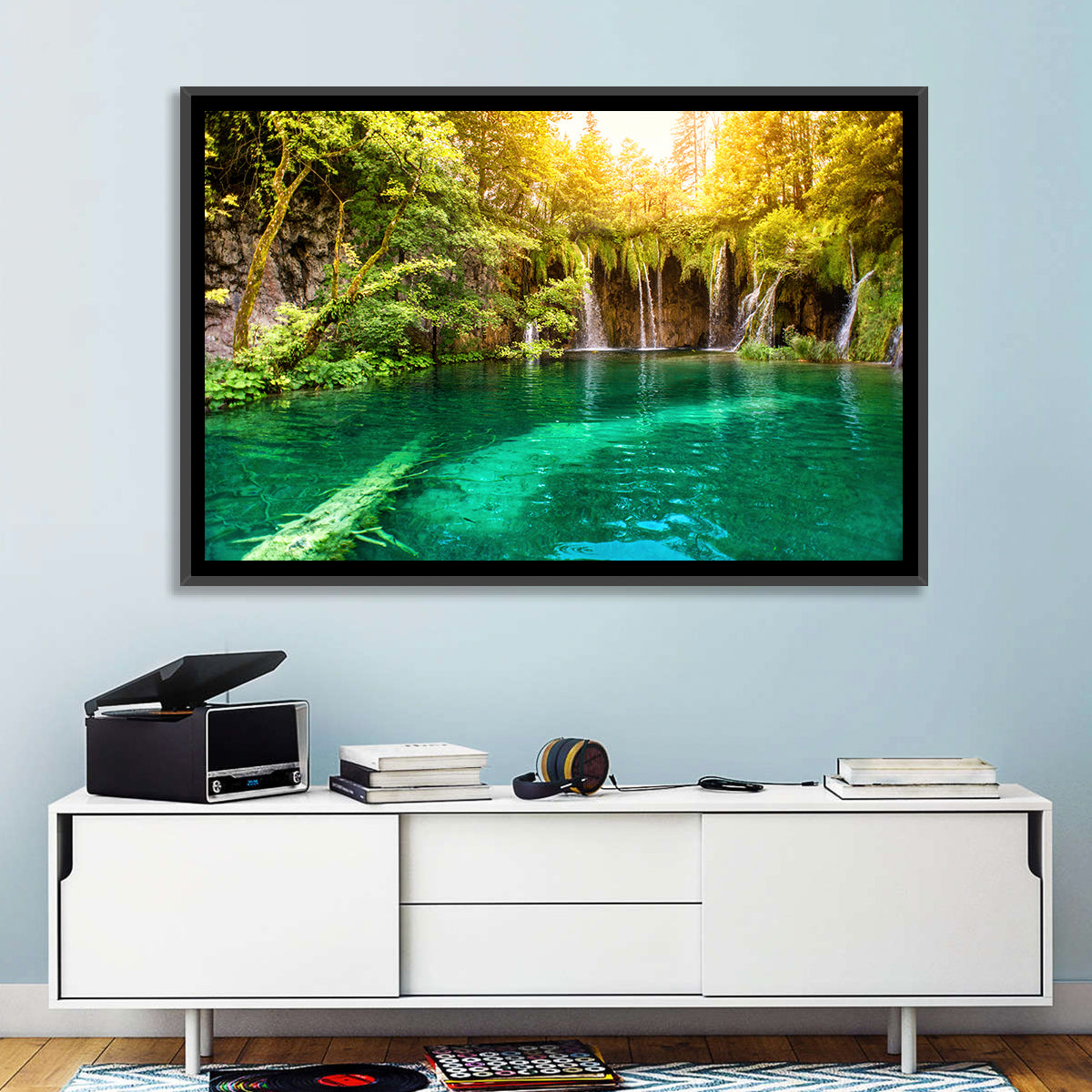 Plitvice Lake Waterfall Wall Art in a room, landscape