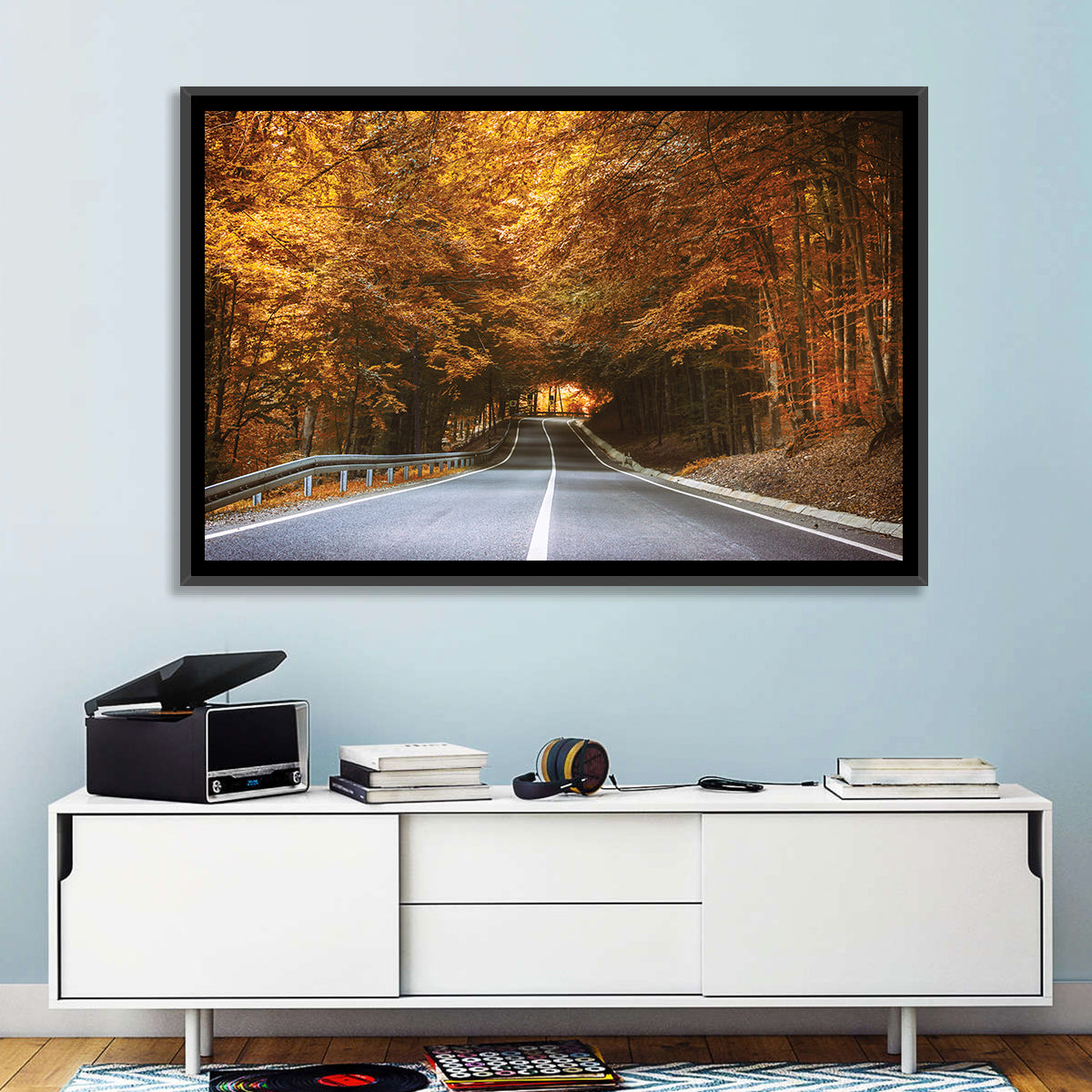 Autumn Forest Road with Canopy Wall Art in a room, landscape