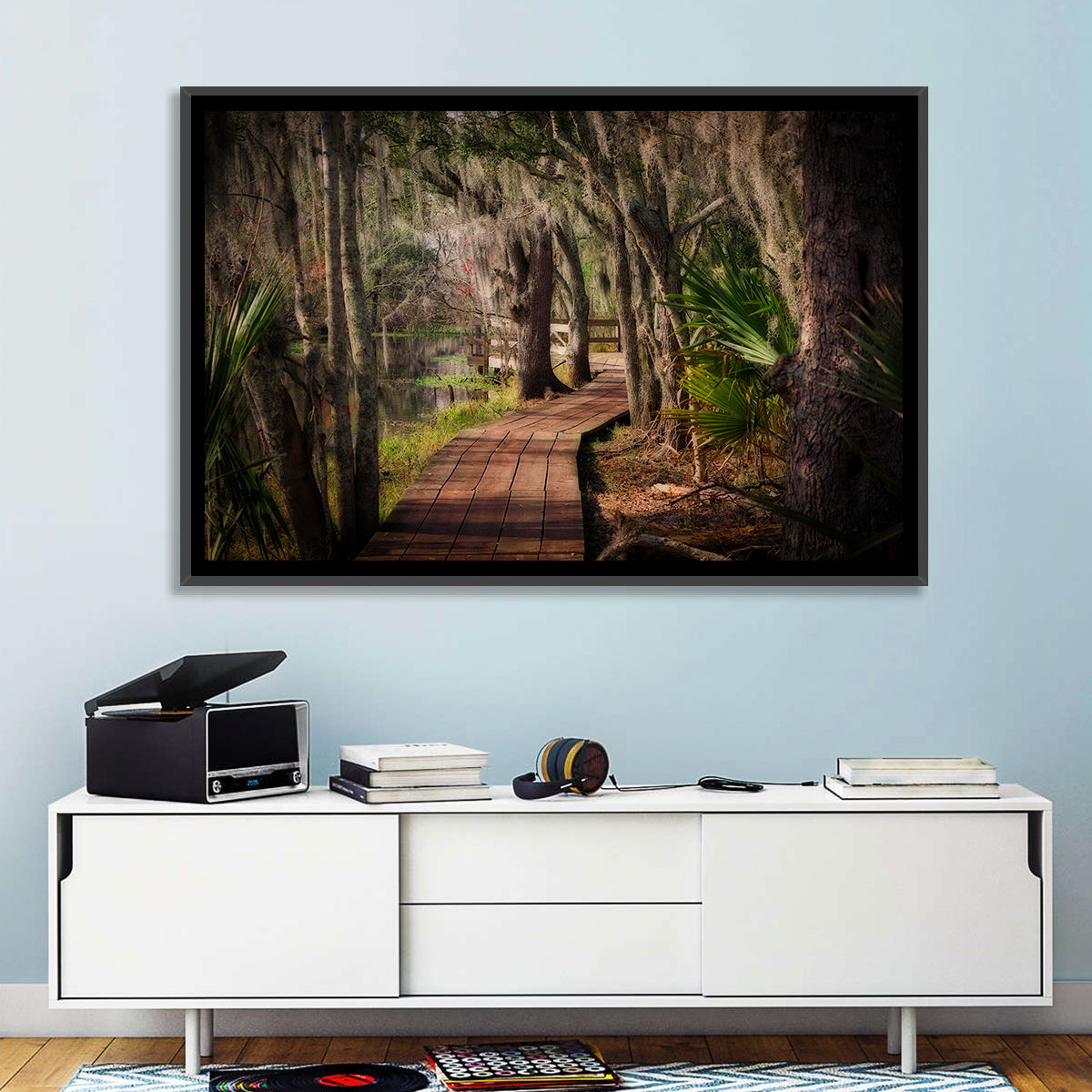 Louisiana Swamp Boardwalk Wall Art in a room, landscape