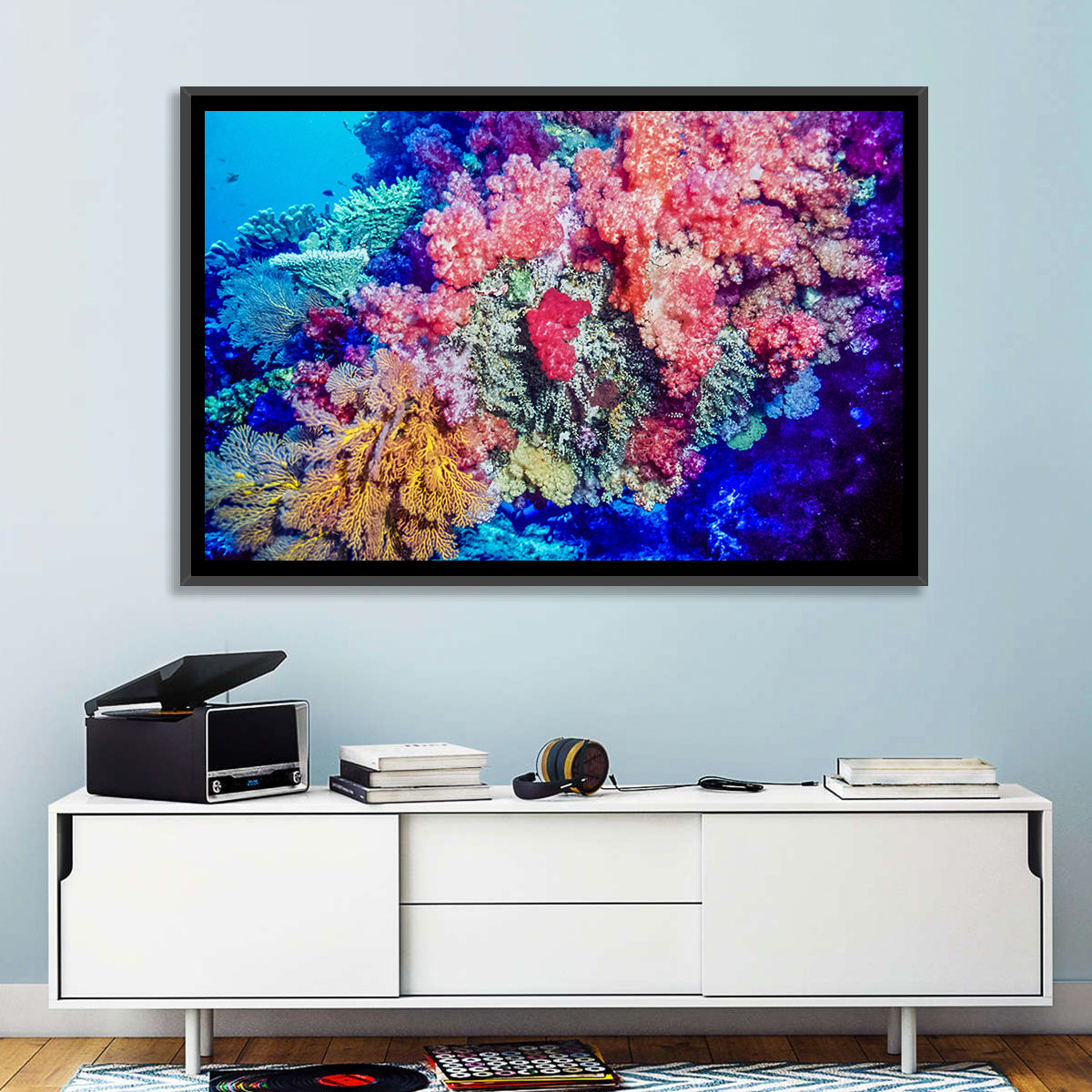 Vibrant Coral Reef Wall Art in a room, landscape