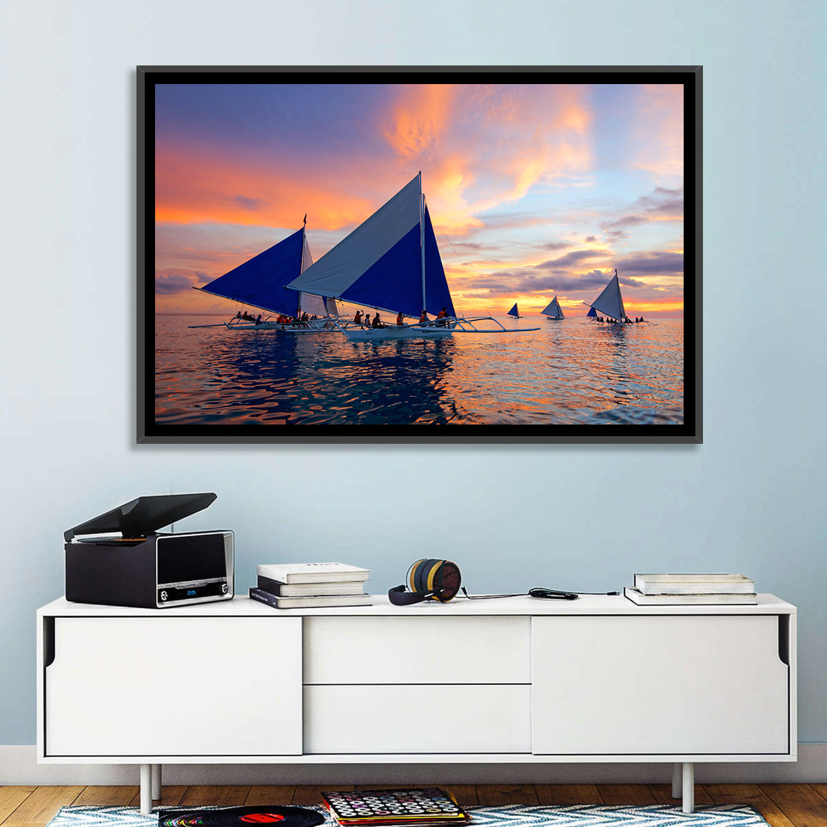 Outrigger Sailboats at Sunset Wall Art in a room, landscape