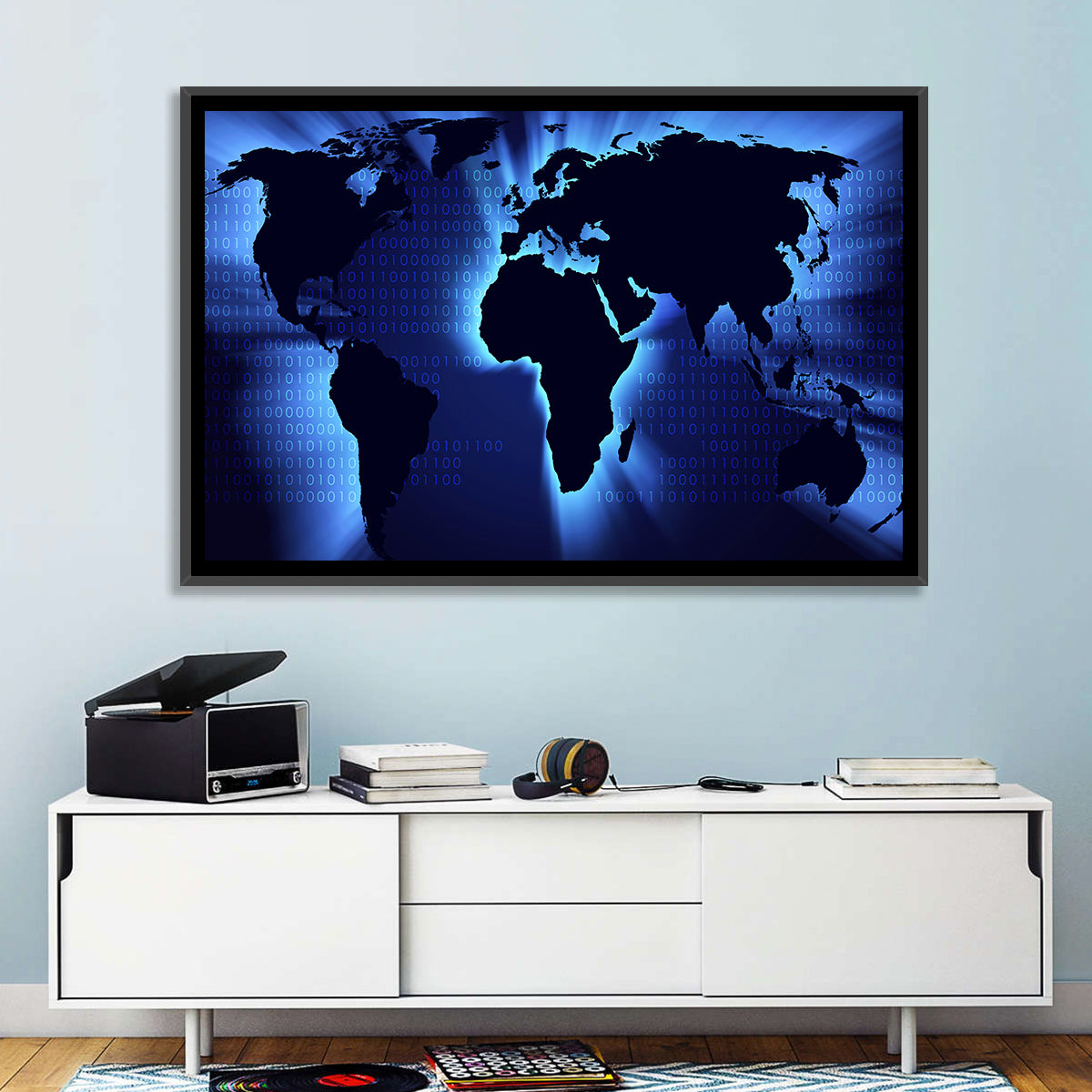 Glowing Digital World Map Wall Art in a room, landscape