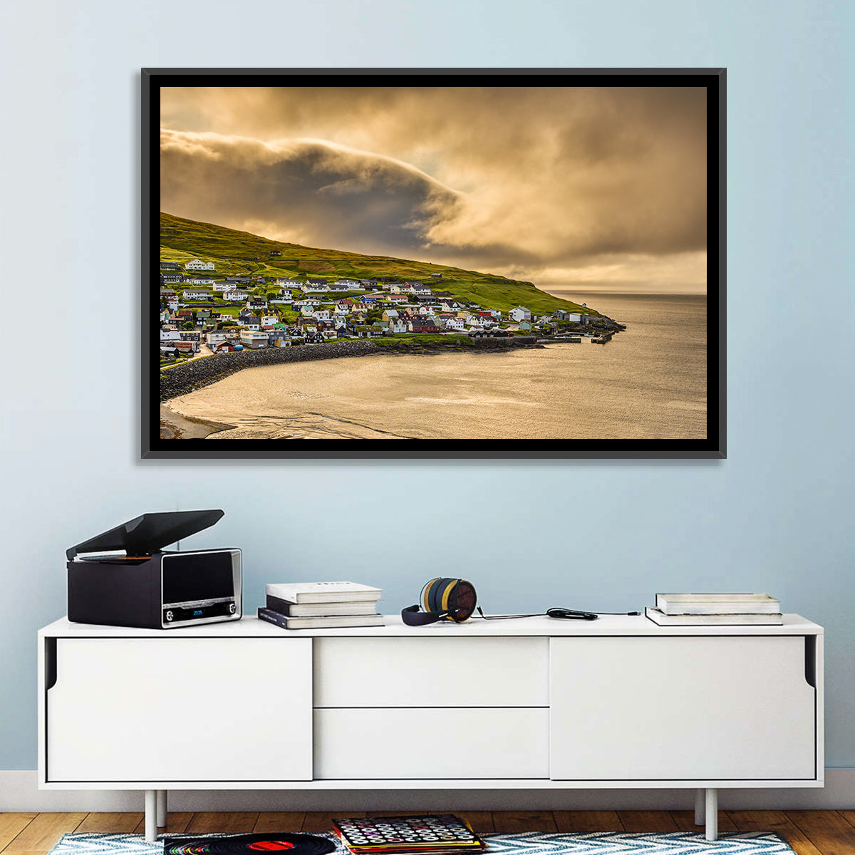Coastal Village at Golden Hour Wall Art in a room, landscape