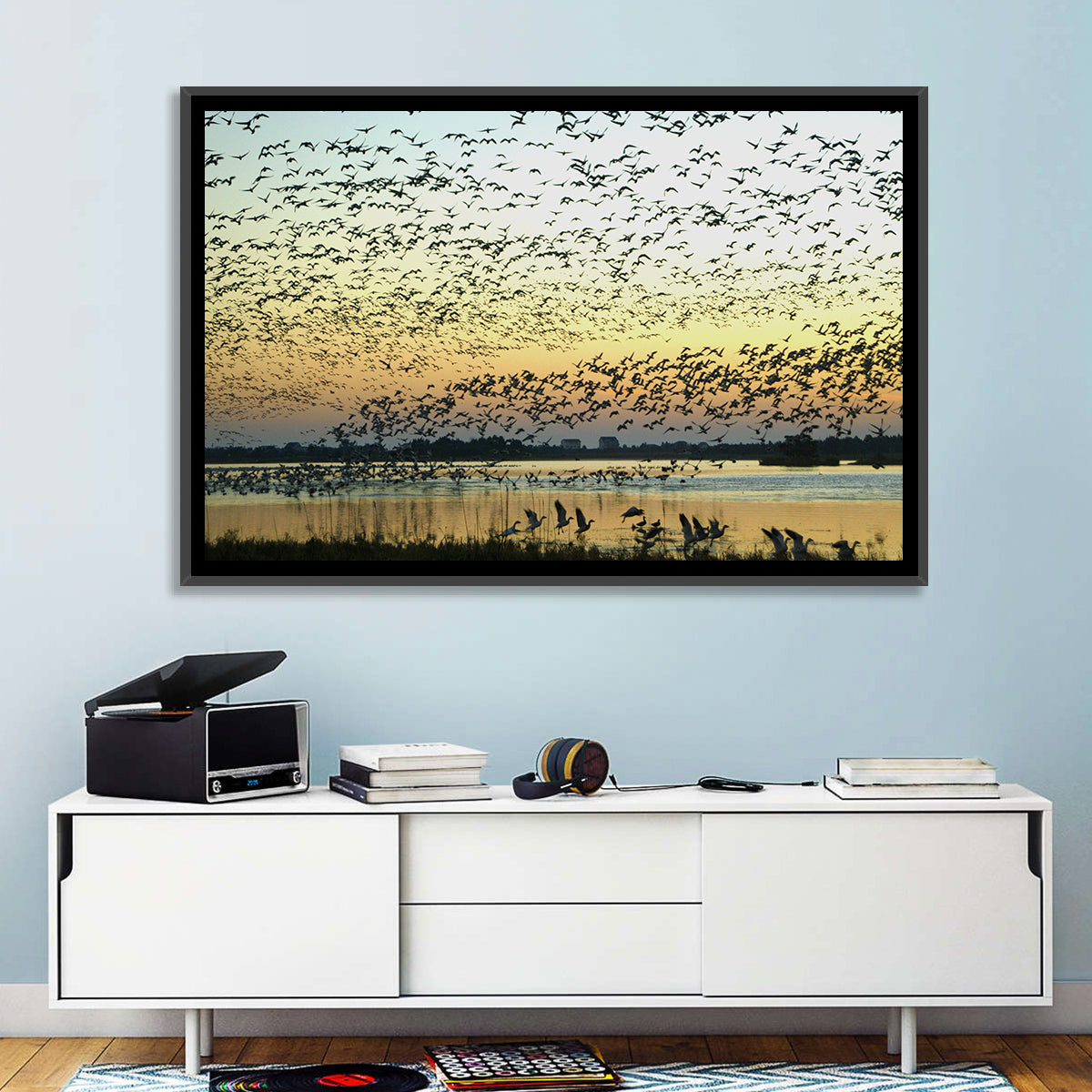 Snow Geese Over River Wall Art