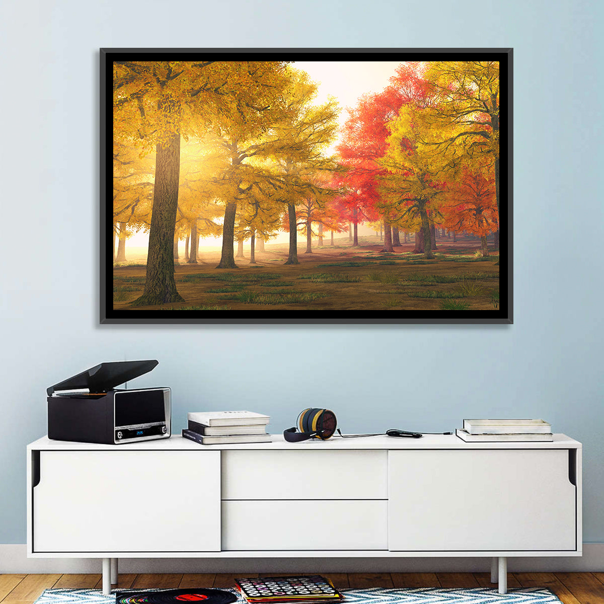 Foggy Autumn Forest Wall Art in a room, landscape