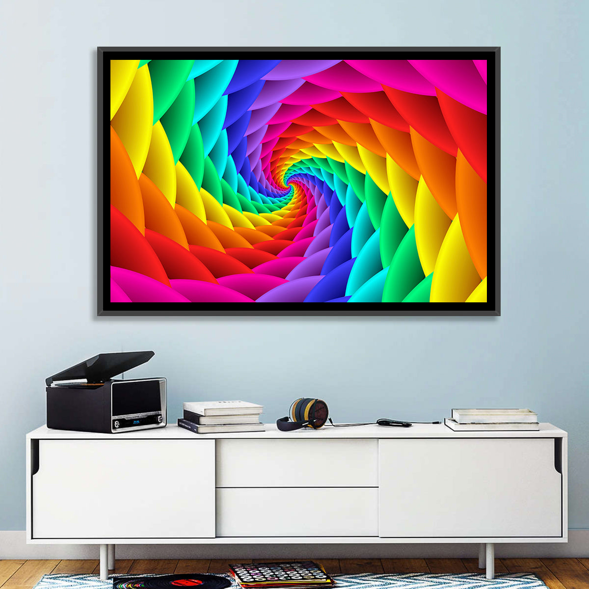 Rainbow Spiral Vortex Tunnel Wall Art in a room, landscape