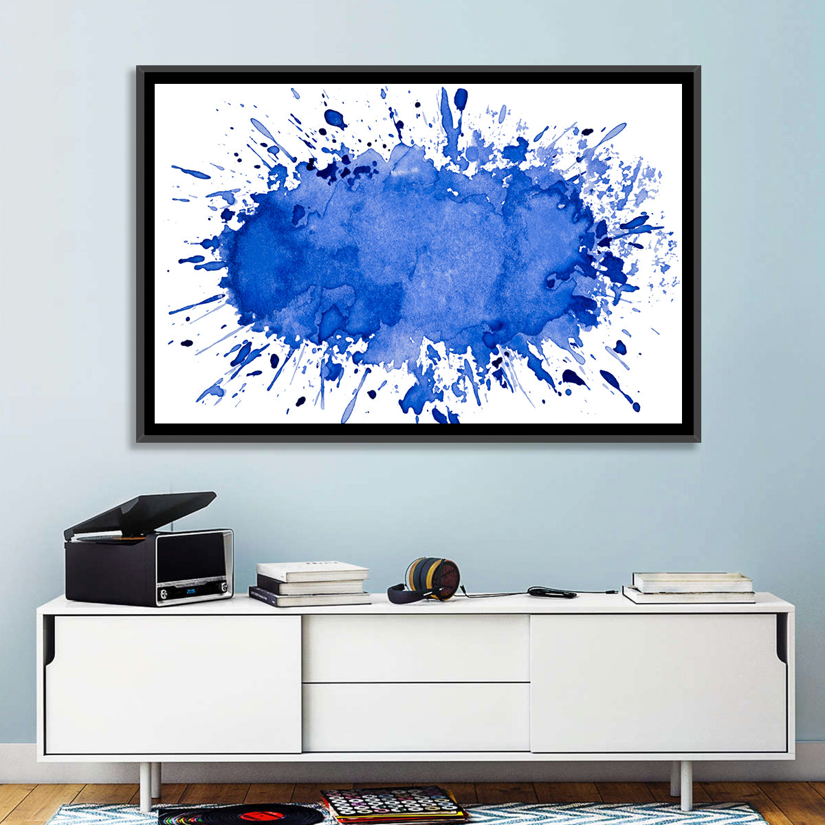 Blue Ink Splash Wall Art in a room, landscape