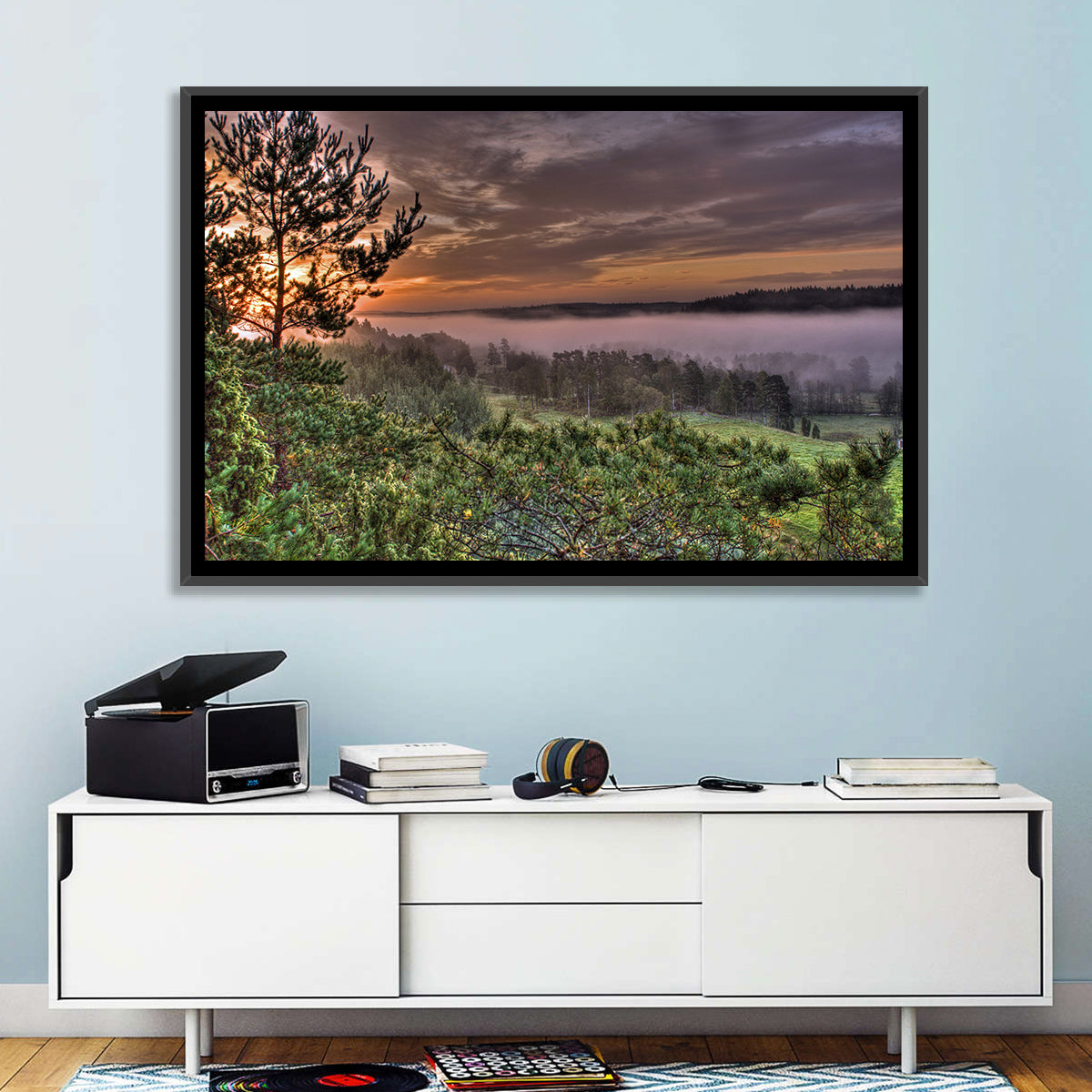 Misty Swedish Pine Valley Wall Art in a room, landscape