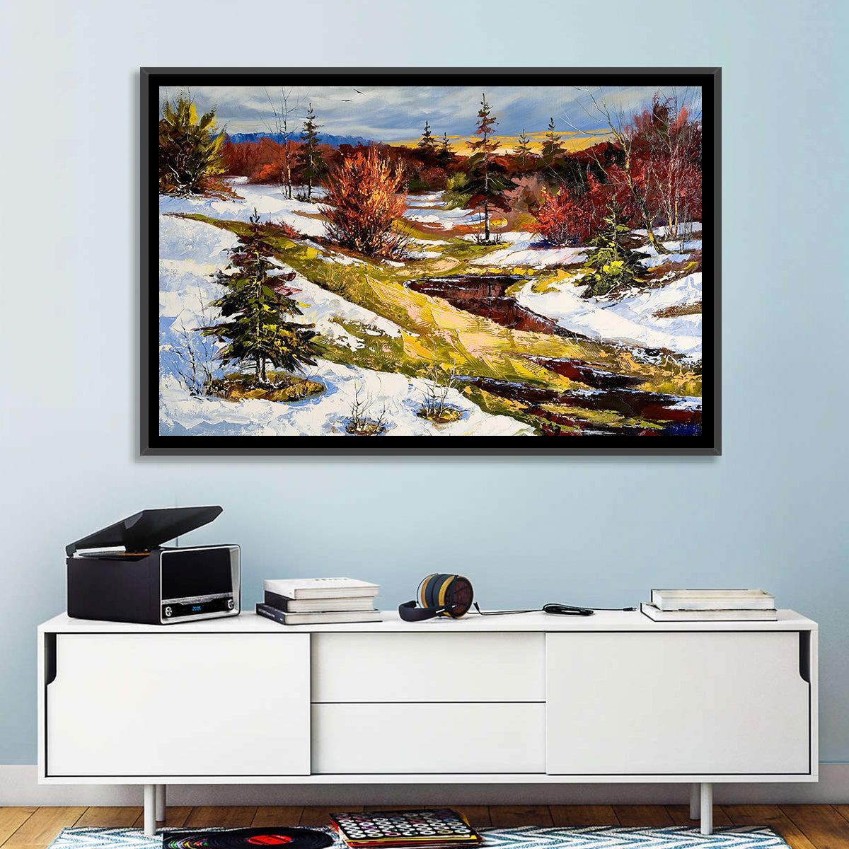 Snowy Stream Through Evergreens Wall Art