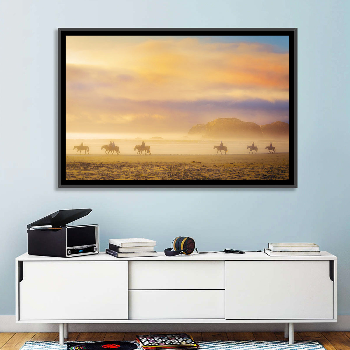 Misty Beach Horseback Riders Wall Art in a room, landscape