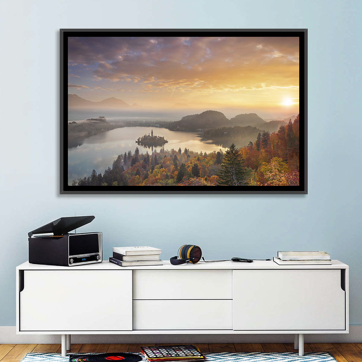 Autumn Morning at Lake Bled Wall Art in a room, landscape