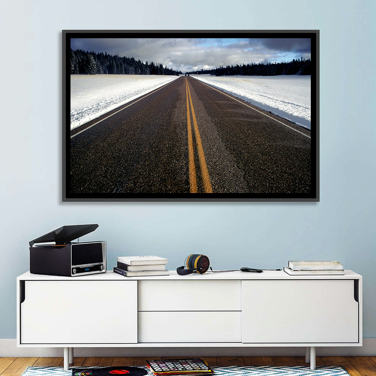 Winter Road Through Pine Forest Wall Art in a room, landscape