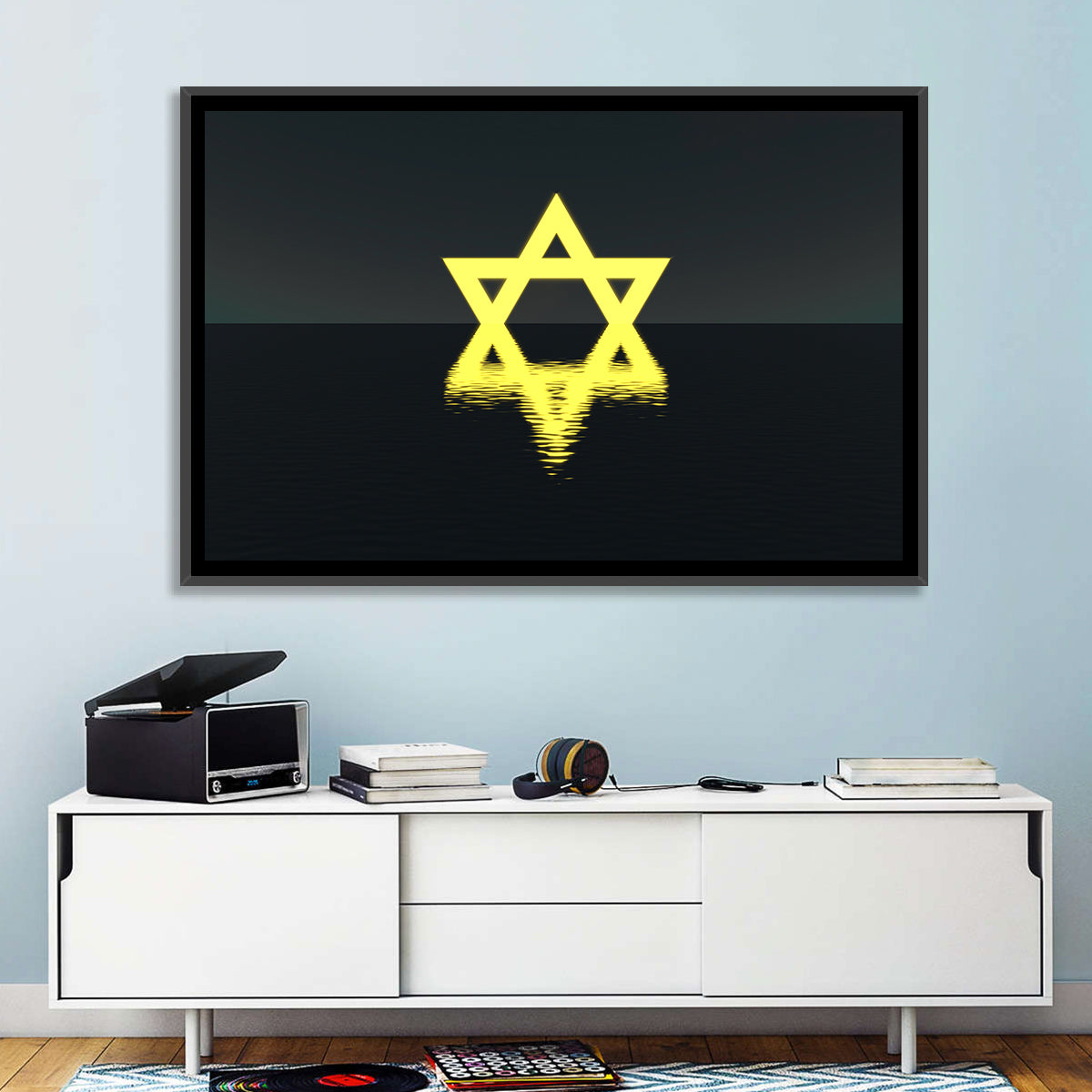 Glowing Star of David Reflection Wall Art in a room, landscape