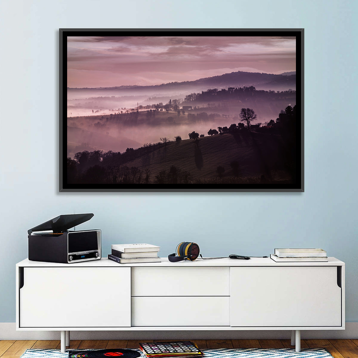 Misty Lavender Hills Wall Art in a room, landscape