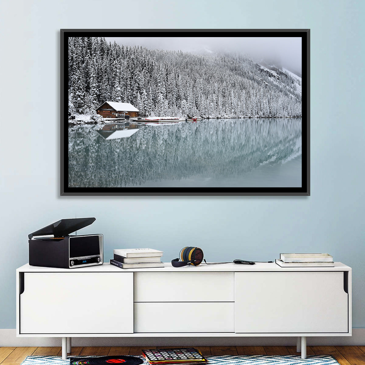Lake Louise Winter Reflection Wall Art in a room, landscape
