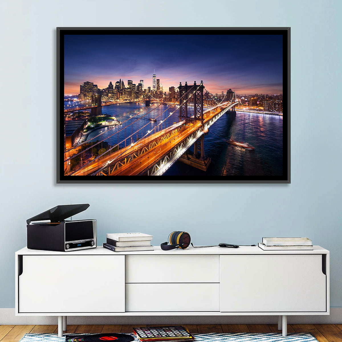 Sunset Over Manhattan Bridges Wall Art in a room, landscape
