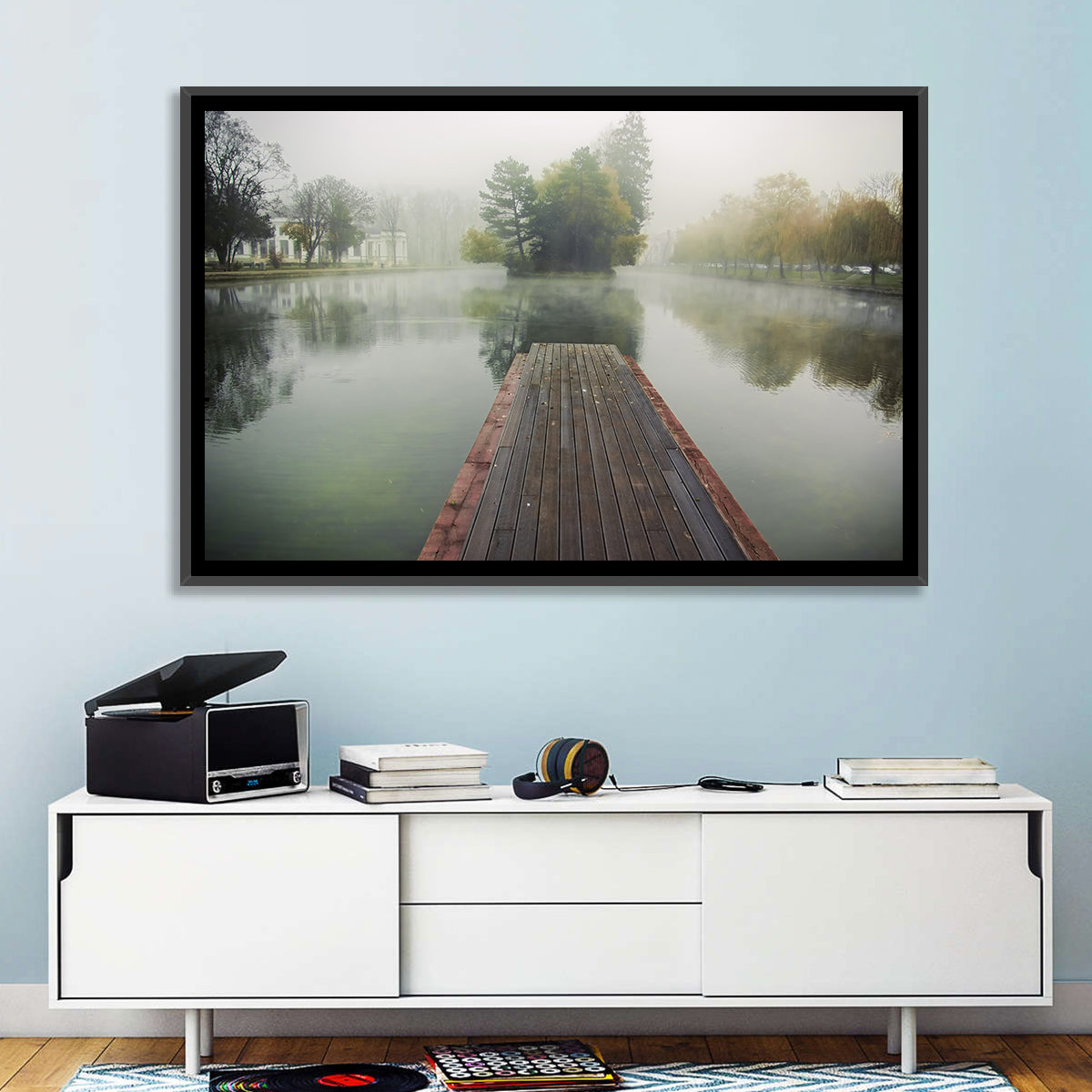 Wooden Pier on Foggy Lake Wall Art in a room, landscape