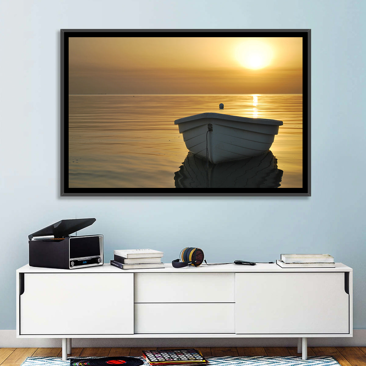 White Rowboat on Golden Sea Wall Art in a room, landscape