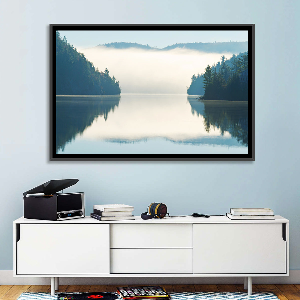 Foggy Lake Morning Wall Art in a room, landscape
