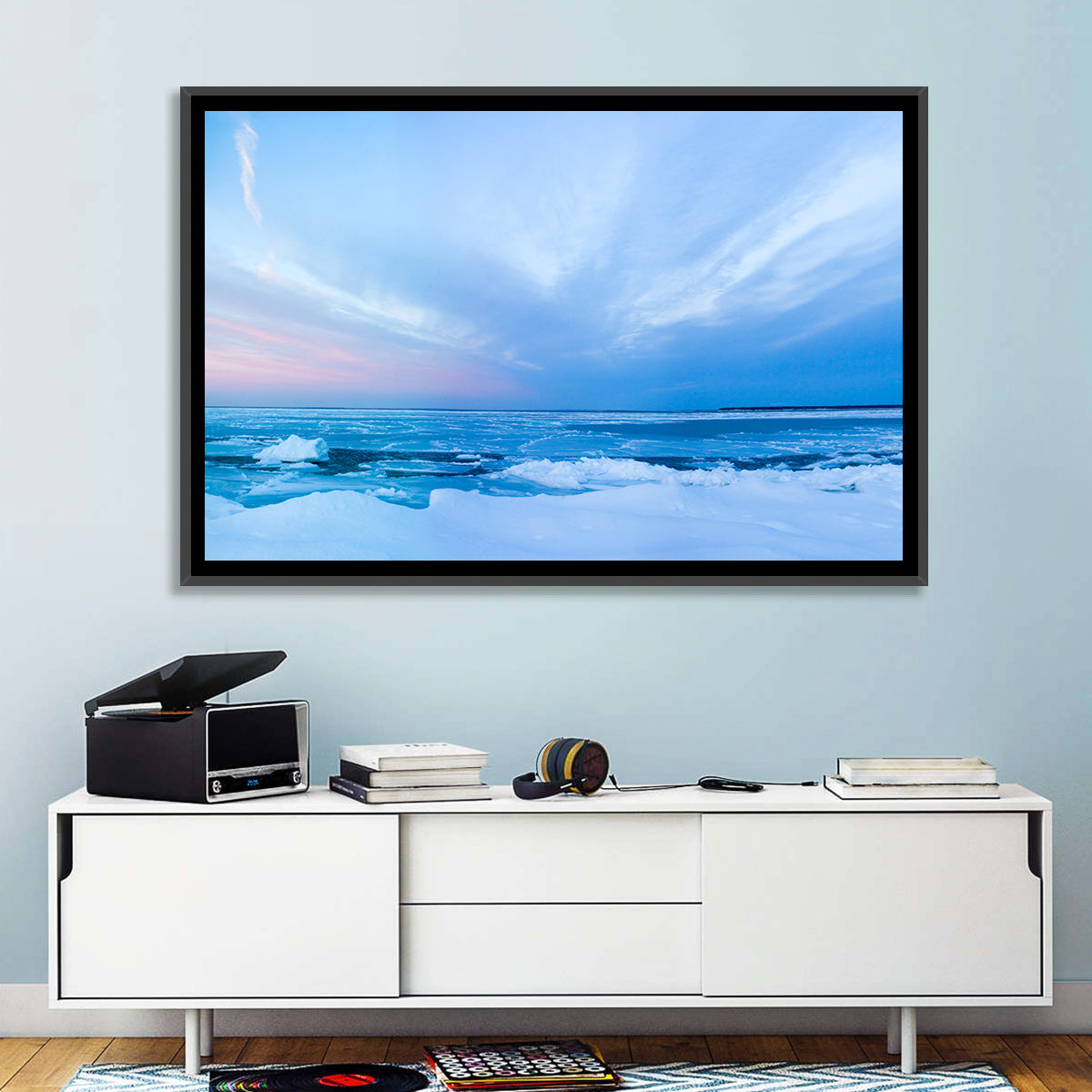Frozen Blue Seascape Wall Art in a room, landscape