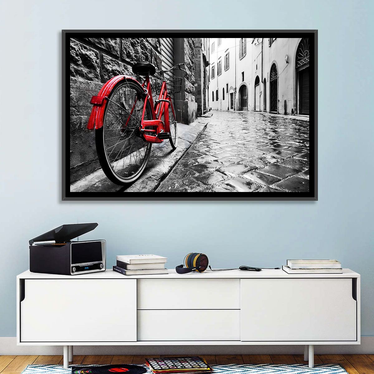 Red Bicycle on Rainy Cobblestone Street Wall Art in a room, landscape