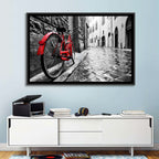 Red Bicycle on Rainy Cobblestone Street Wall Art