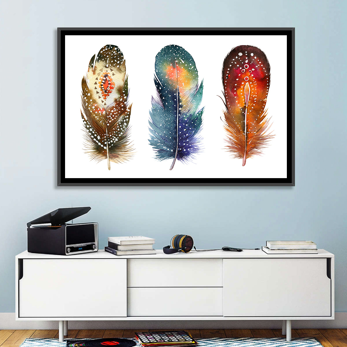 Boho Watercolor Feather Trio Wall Art in a room, landscape