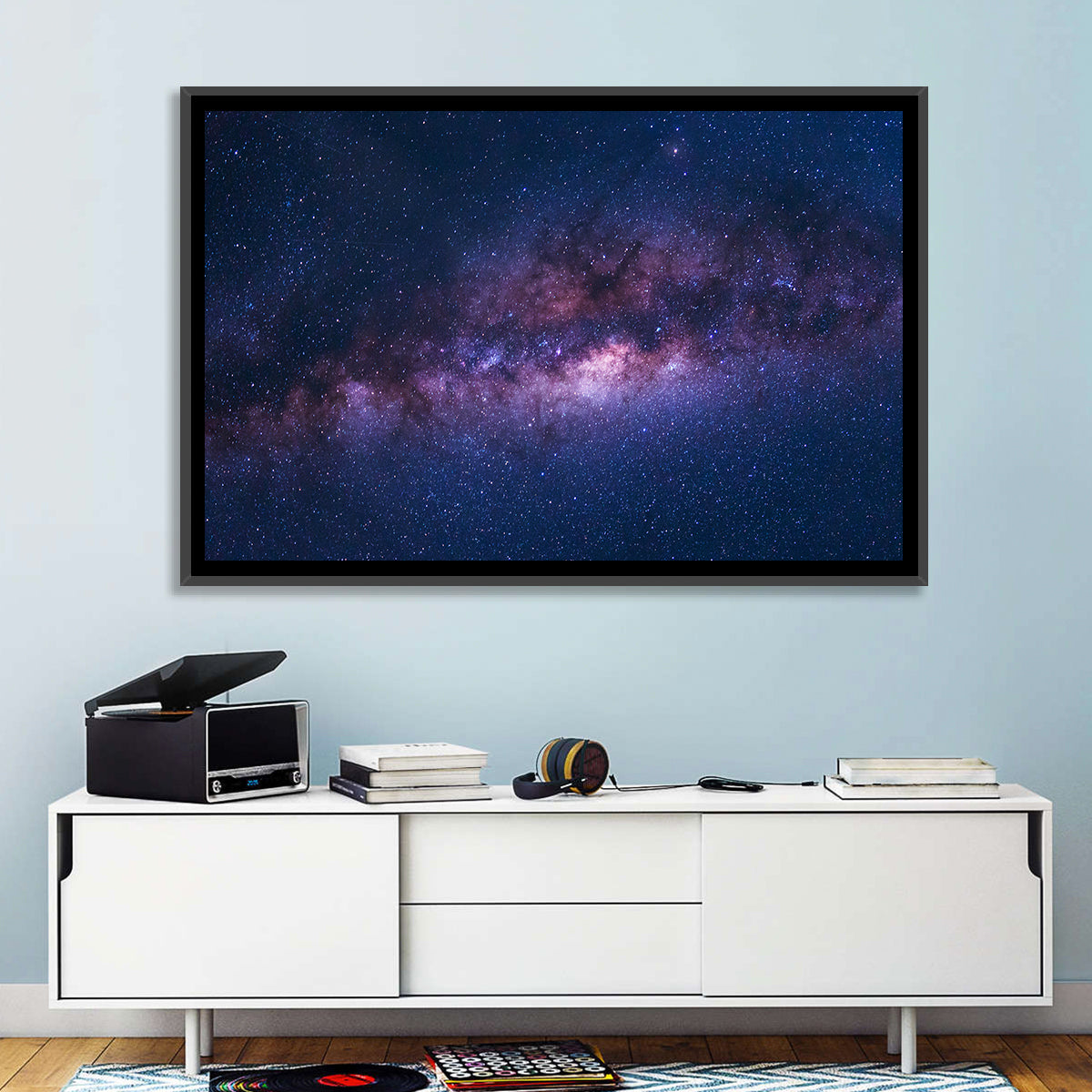 Violet Blue Milky Way Galaxy Wall Art in a room, landscape