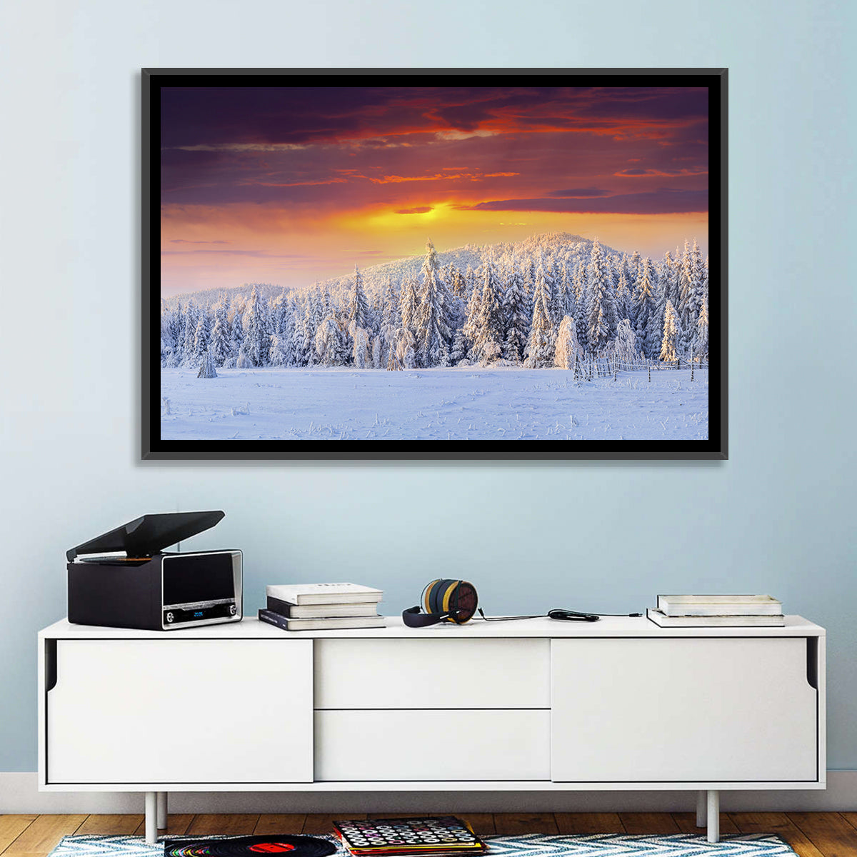Snowy Forest Sunset Wall Art in a room, landscape