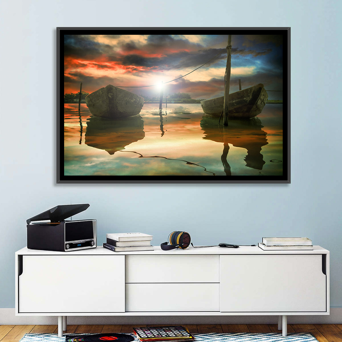 Two Wooden Boats at Sunset Wall Art in a room, landscape