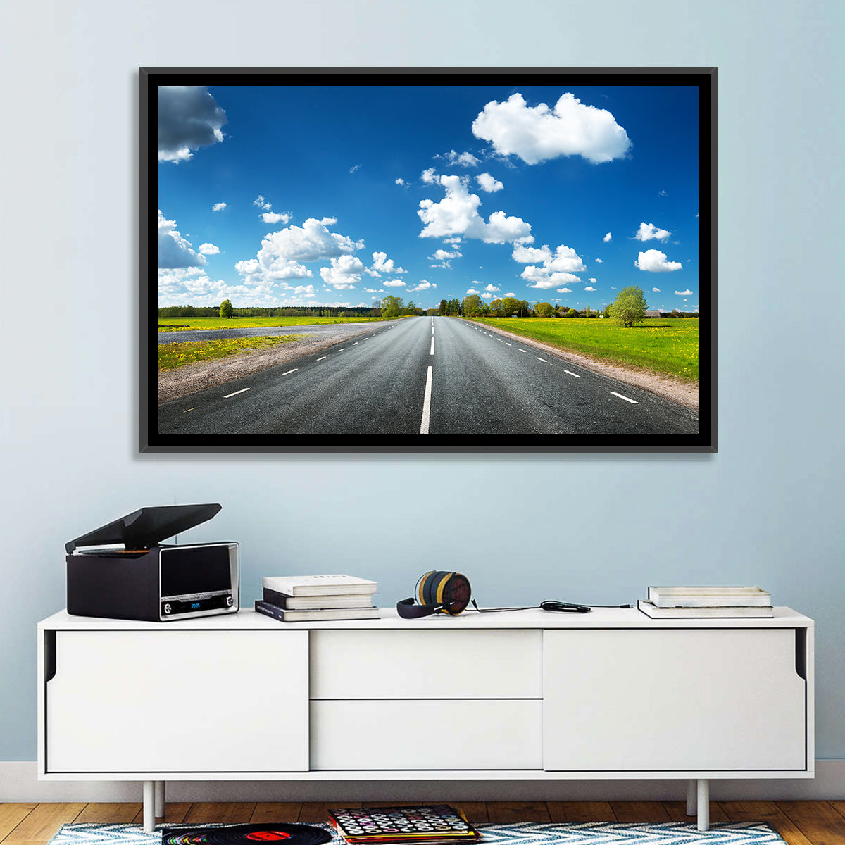 Asphalt Road Through Meadow Wall Art in a room, landscape