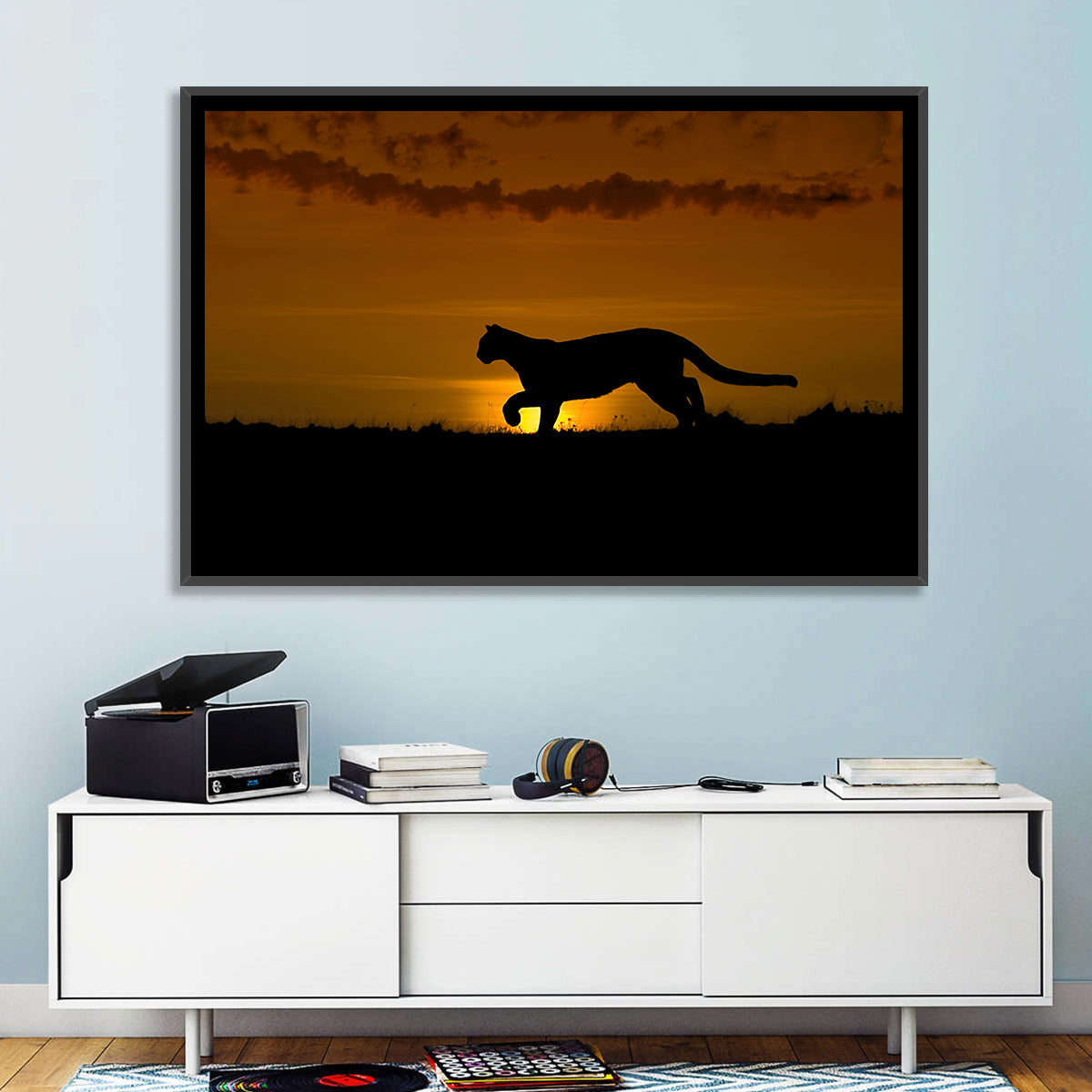 Cougar Silhouette at Sunset Wall Art in a room, landscape