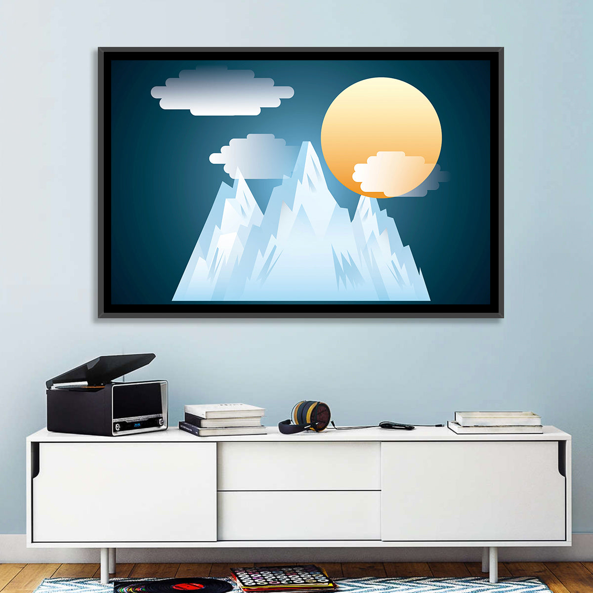 Geometric Snowy Mountain with Golden Sun Wall Art in a room, landscape