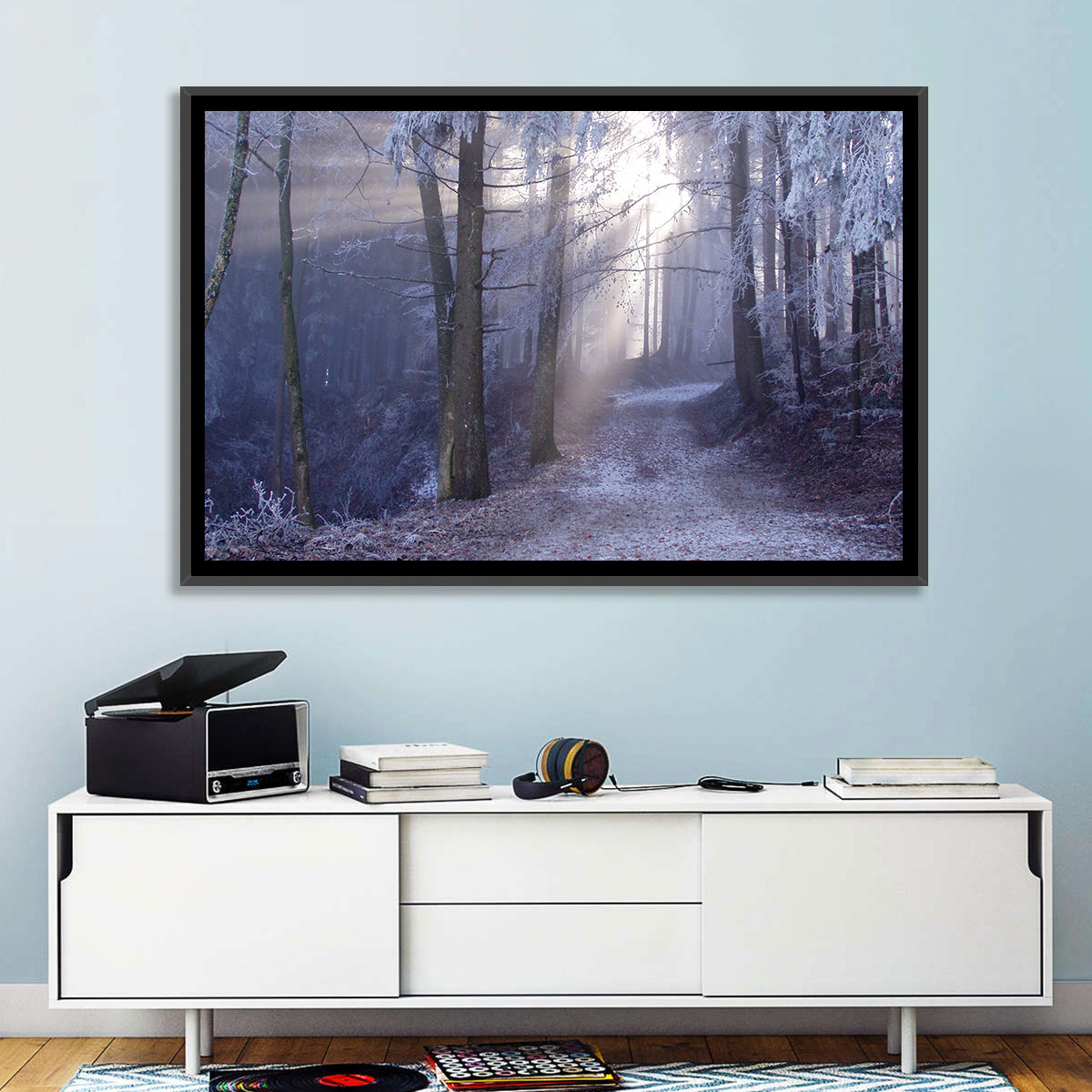 Frosted Forest Path at Dawn Wall Art in a room, landscape