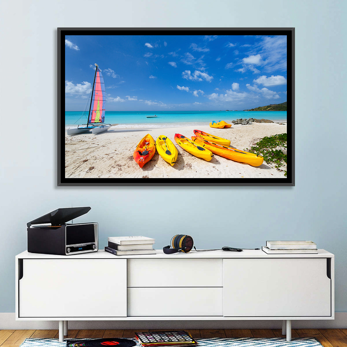 Yellow Kayaks on Tropical Beach Wall Art in a room, landscape