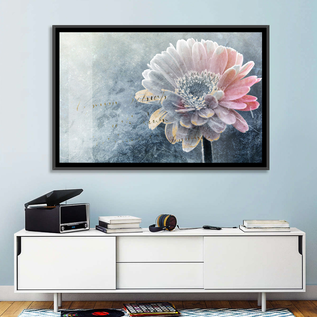 Winter Gerbera with Golden Script Wall Art in a room, landscape